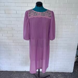 Vintage 70s plum polyester and lace midi dress